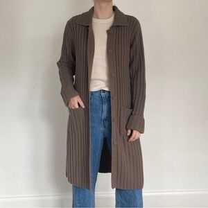 Vintage Thick Ribbed Knit Longline Cardigan Cuff Sleeve Chocolate Brown Medium
